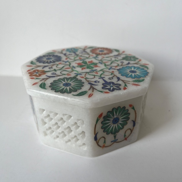 Octagon Marble Inlay Pietra Dura Art Jewelry Handcraft Handmade Box White Floral - Picture 6 of 15